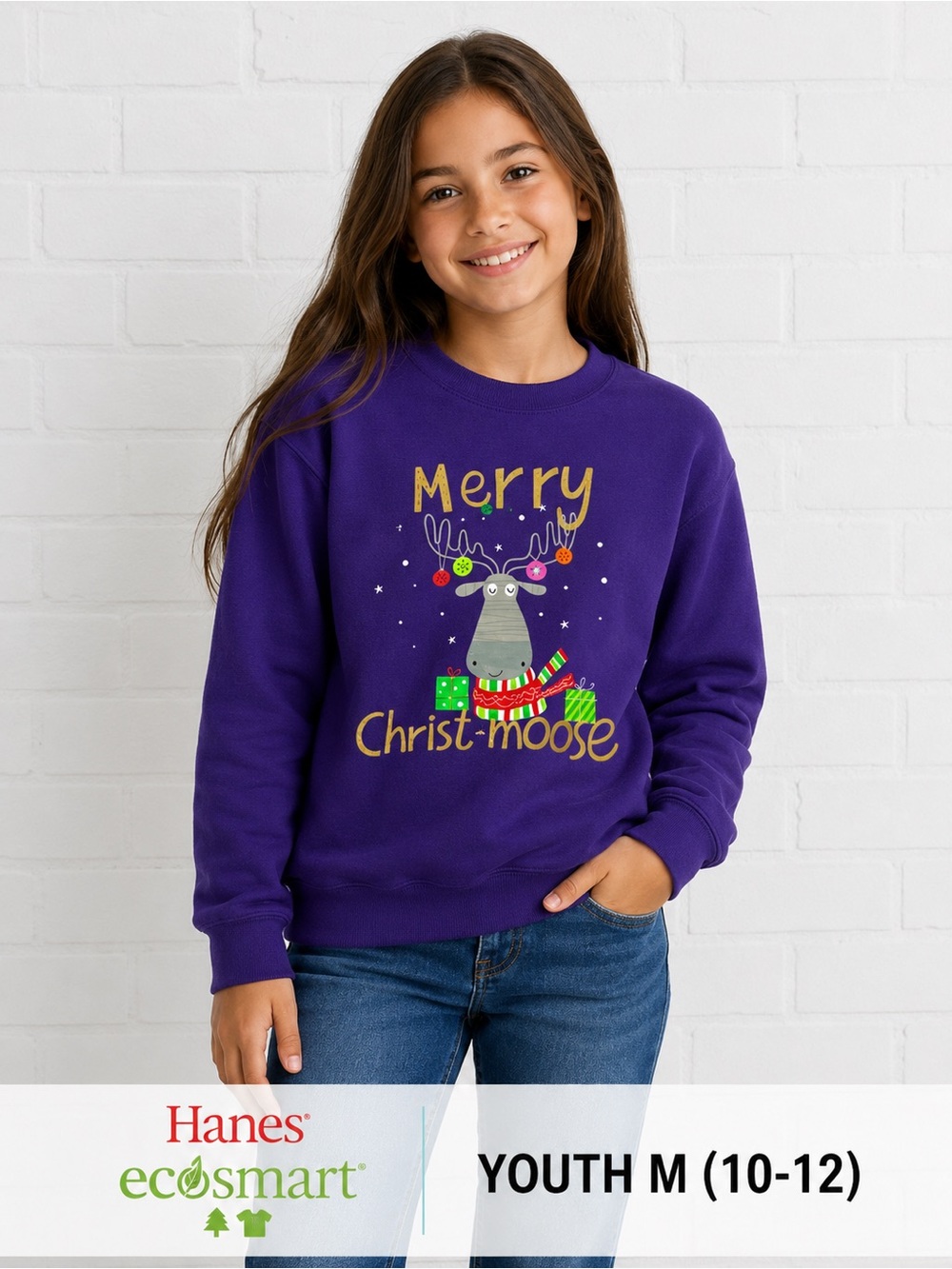 Hanes EcoSmart Kids Christmas Sweatshirt Purple “Merry Christmoose” Youth Medium